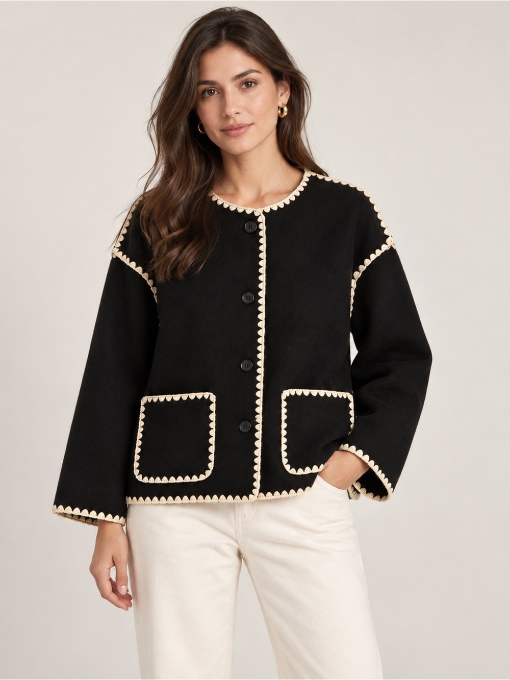COMMENSE Black & Cream Scalloped Contrast Trim Lady Jacket – Size S